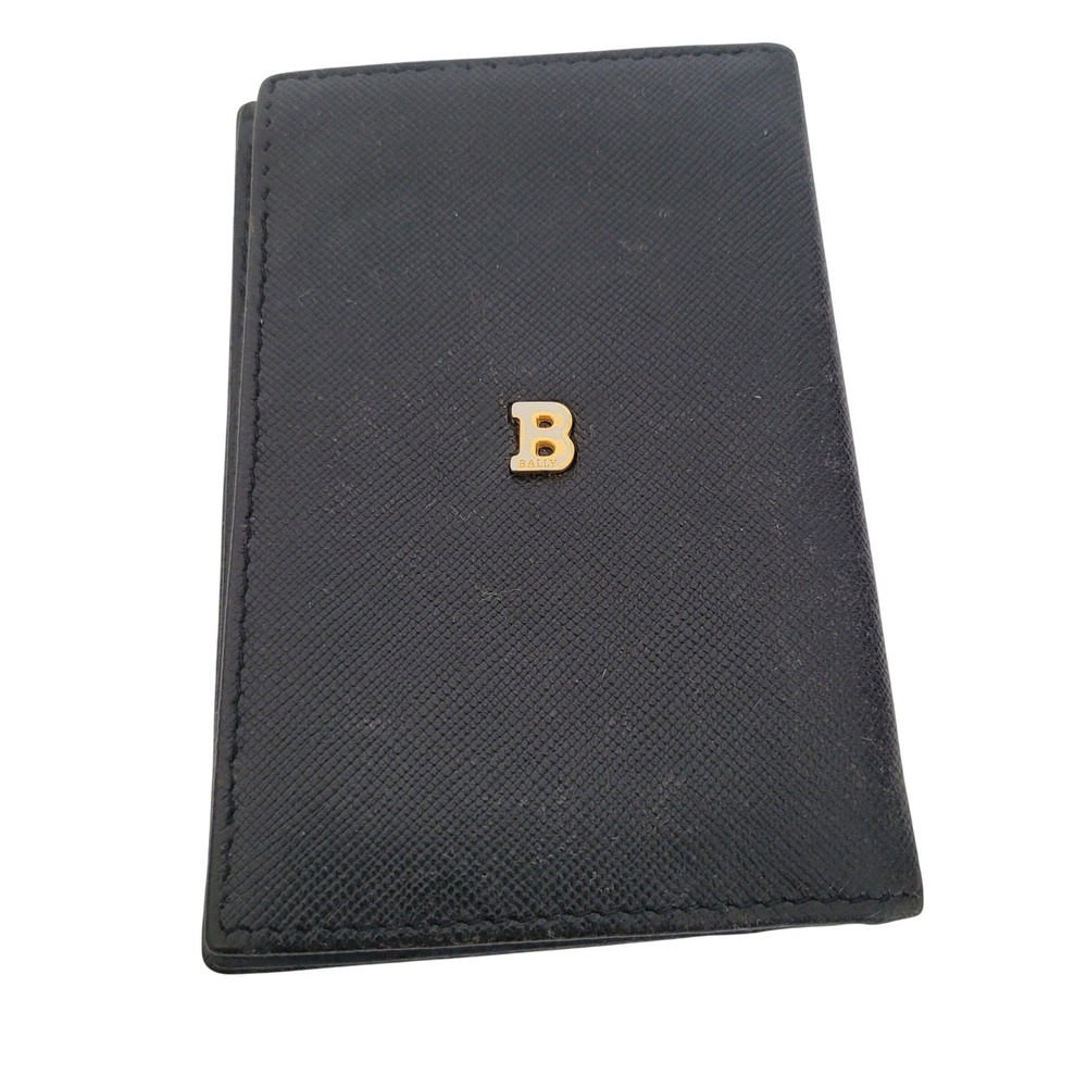 Bally Black Saffiano Leather B Logo Card Holder Small Wallet Made Italy Bifold